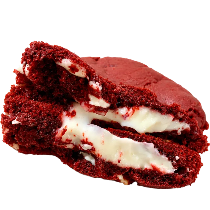 Red Velvet partida, relleno de frosting de queso crema